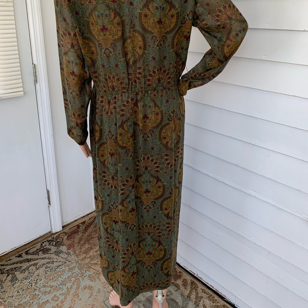 Vintage 80s Olive Green Silk Print Dress 10 Long Sleeve - Picture 5 of 12